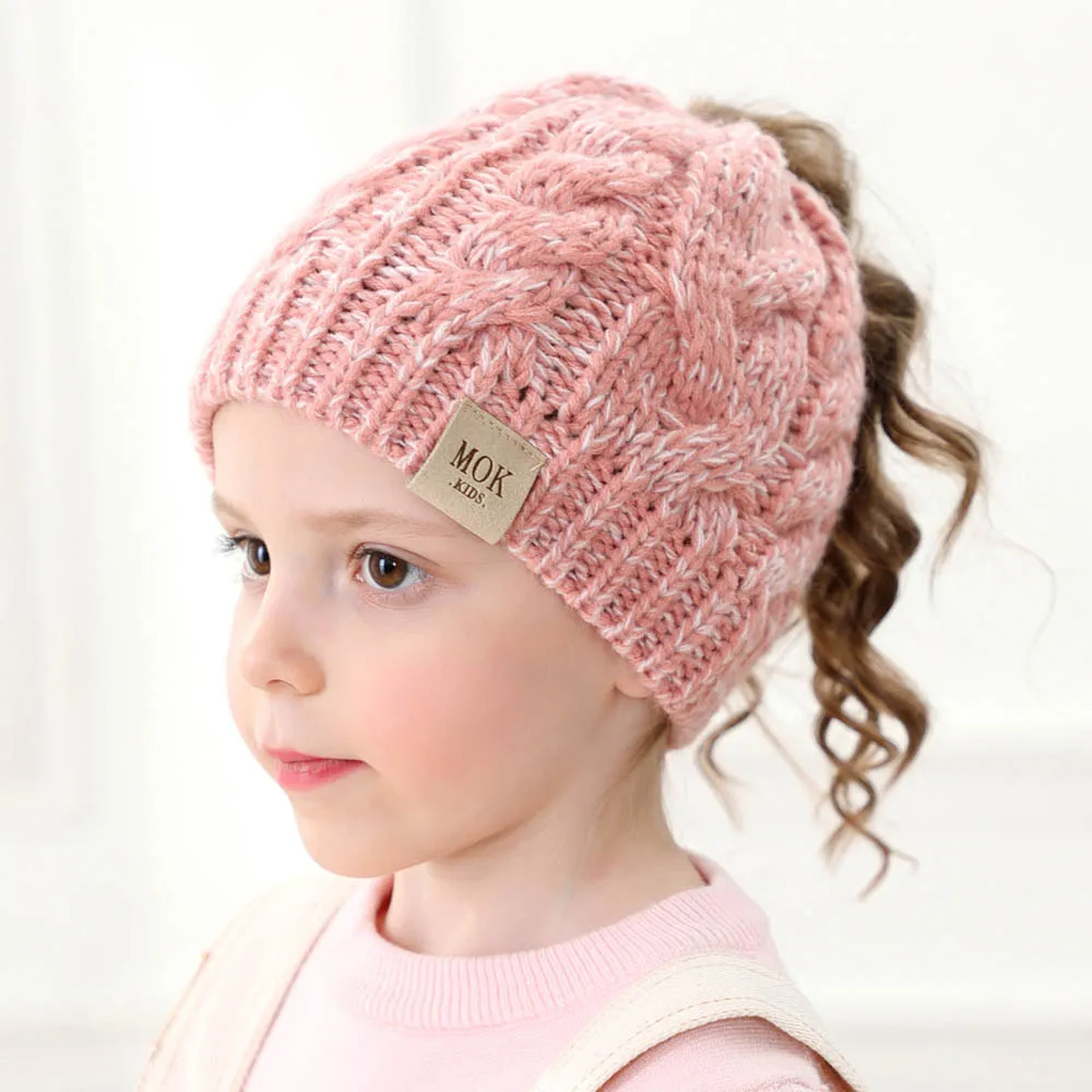 Child Girls Cable Knit Ponytail Beanie 