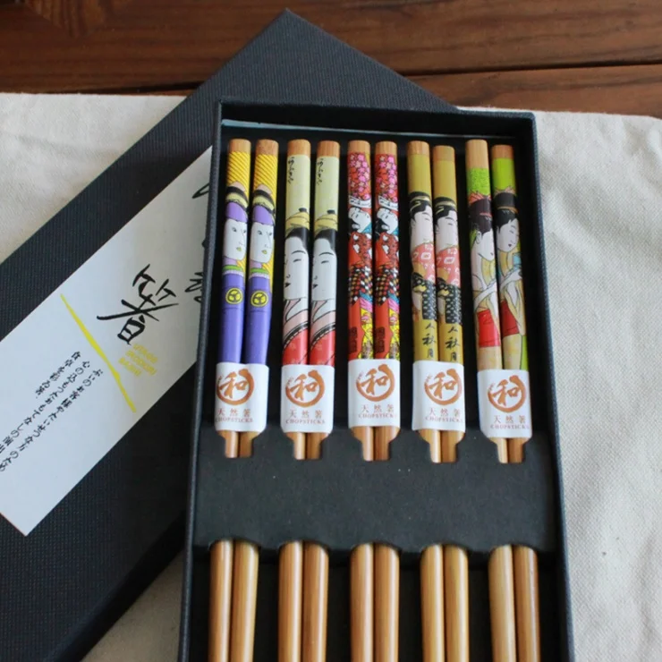 5Pairs Durable Natrual Bamboo Chopsticks Chinese Japanese Style Gift With Box 