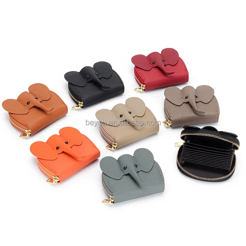 DST Inspiration High Quality Creative Cowhide Leather Elephant Lichi Grain Coin Purse Wallet Women Mini Card Holder Bag