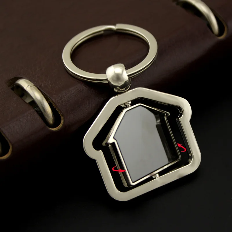 Real Estate Advertising Keychains Rotate House Shape Key Chain With Engrave Printing Logo