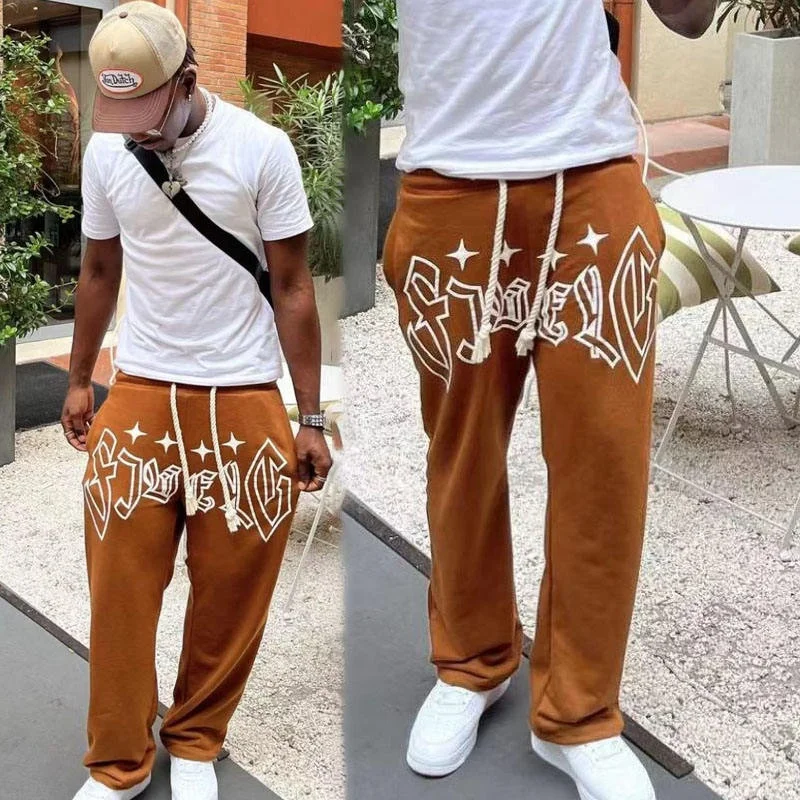 Streetwear Drawstring Pants Custom Loose Trousers Cotton Baggy Sweat Pants French Terry Puff Print Straight Leg Sweatpants Men