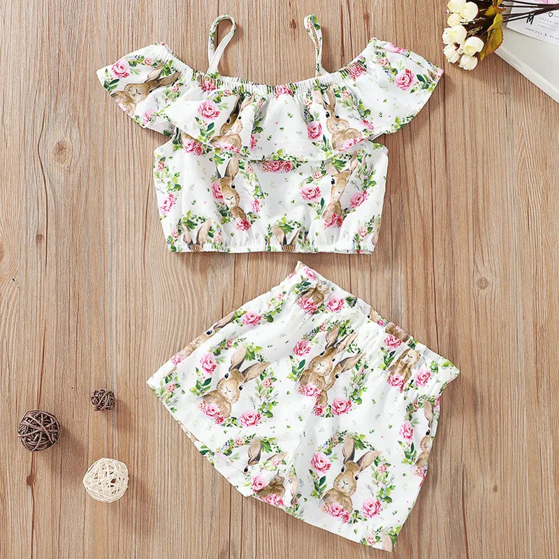 Toddler Kids Baby Girl Easter Clothes Floral Halter Sleeveless Tops Shorts 2Pcs Bunny Outfits
