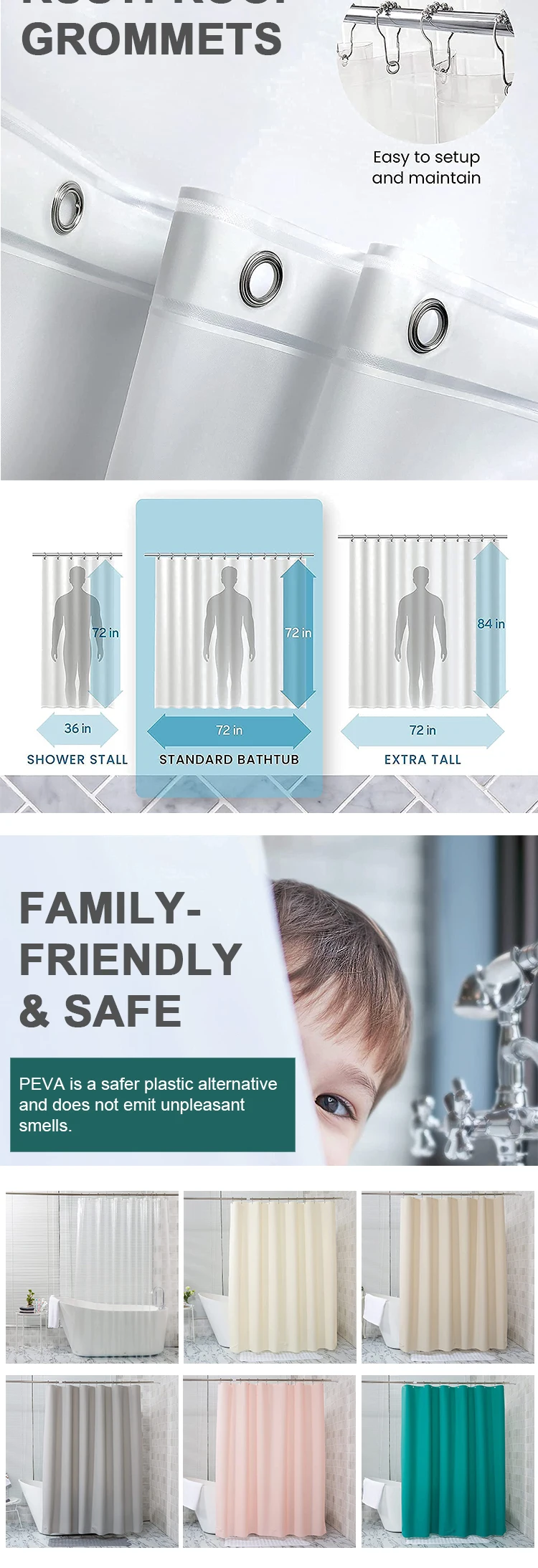 Luxury Waterproof Peva Plastic Shower Curtain Liner Shower Curtains For