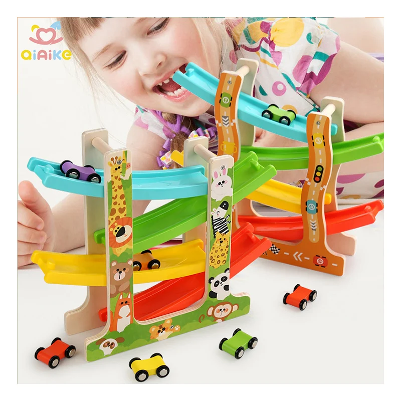 Toddler Wooden Race Track Car Ramp Toys Vehicle  Play Set for 1 2 Year Old Boy and Girl Gifts