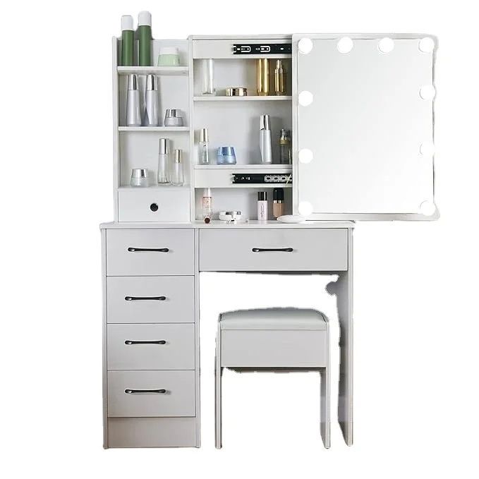 Vanity Desk Dressing Table With LED Lighted Mirror and Cushioned Stool
