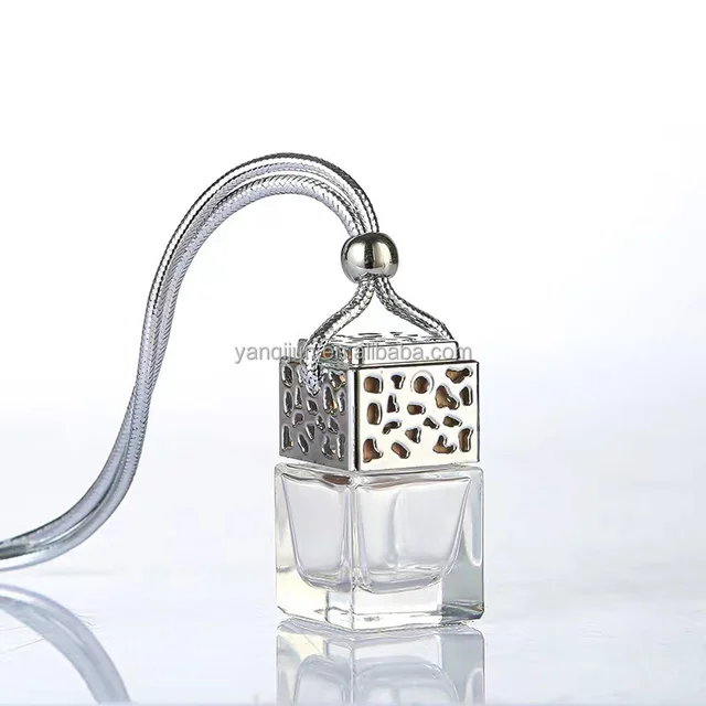 8ml Gold and silver hollowed wooden lid Empty square Car perfume bottle pendant