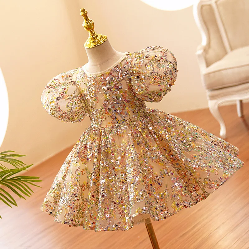 Princess Luxury Ball Gown with Gold Sequins Bubble Sleeves