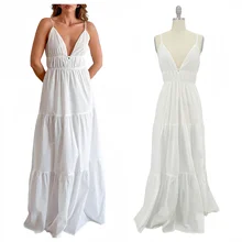 Summer Women Casual Fashion 100% Cotton White Maxi Dress for Ladies Sexy V-Neck Elegant Slip Dress