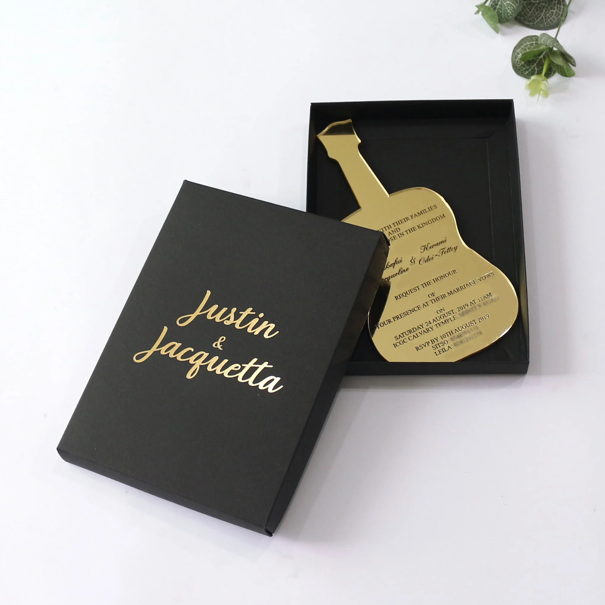 Music-Themed Guitar Shape Gold Mirror Acrylic Wedding Invitation with Black Box