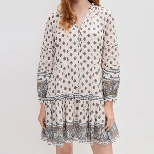 OEM Manufacturer Women's Boho Chic Printed Dress V - Neck Ruffle Hem Vacation Mini Dress