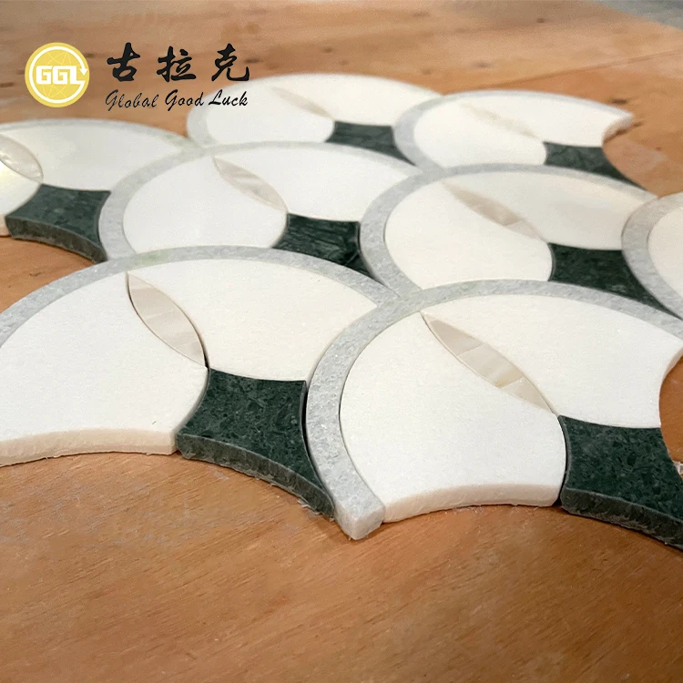 New Fan Shape Marble Sea Shell Inlay White and Green Marble Waterjet Mosaic Tile for Home and Hotel Decoration