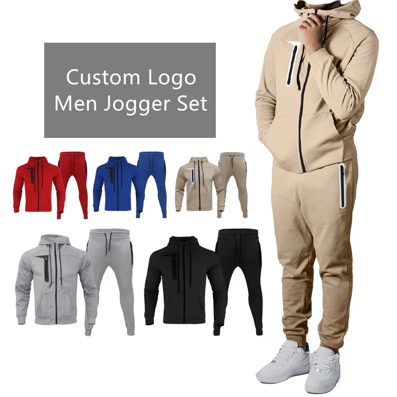 Oem Custom Logo Men 2 Piece Track Suit Set Sports Zip Hoodie Sweatsuit