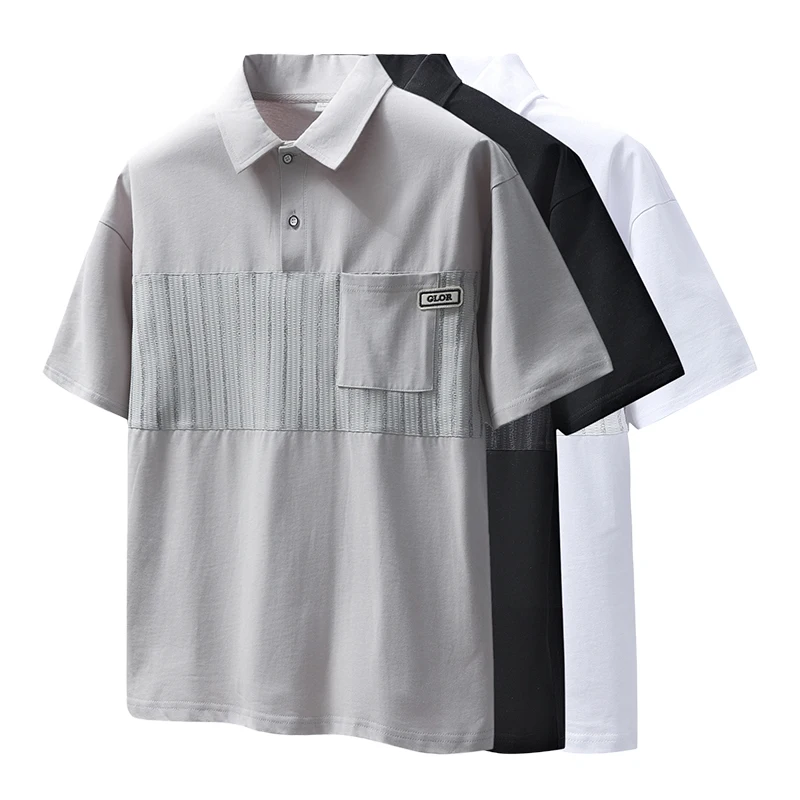 Oversized breathable street style button-down shirt, 100% cotton striped patchwork short-sleeved polo shirt, men's casual everyday wear.