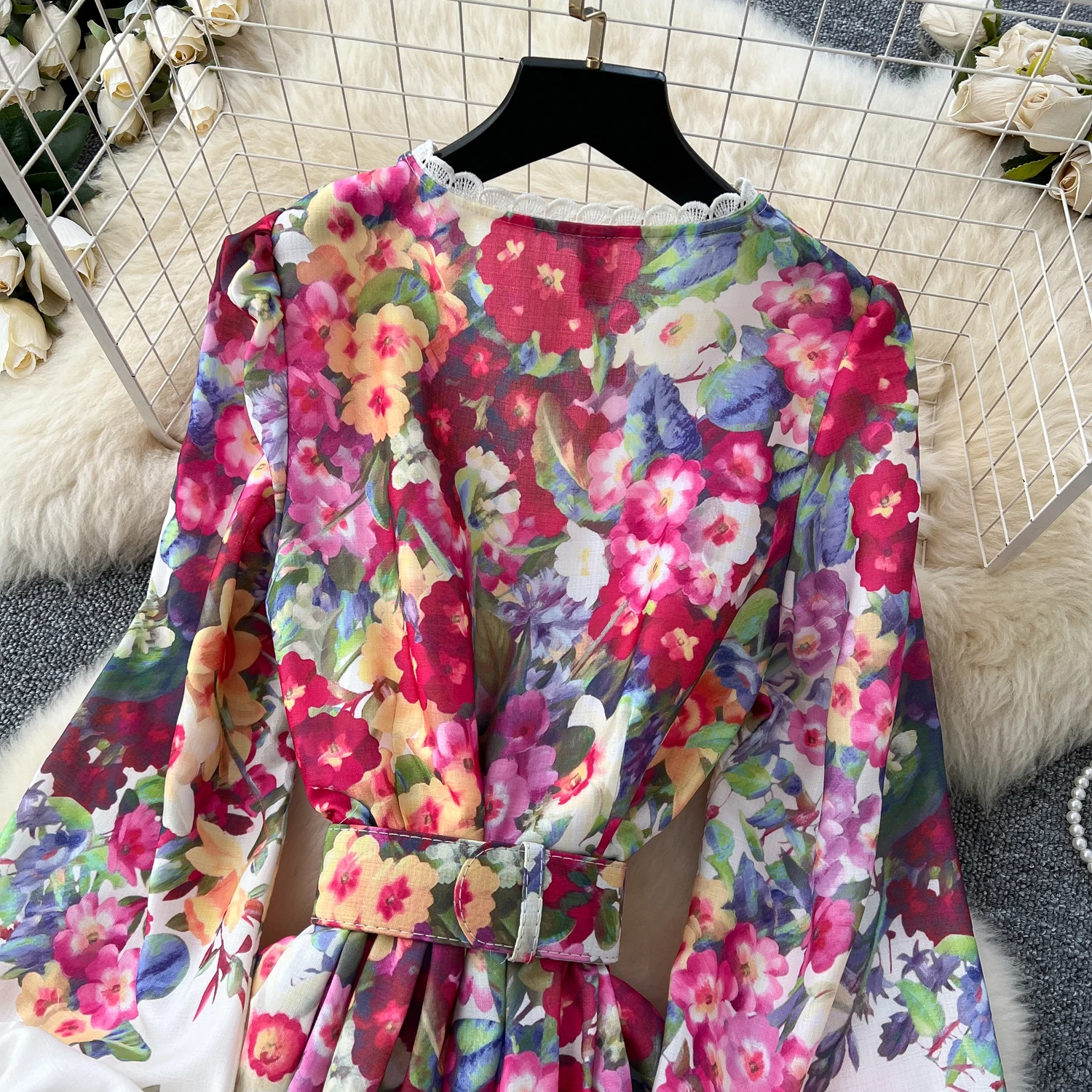 vintage printed v-neck long-sleeve elegant dress High Quality V Neck Long Sleeves Vintage Elegant Dresses Claret / XXL main image 0