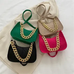 Fashion Women's Green Leather Tote Bag Solid Color Casual Mini Underarm Pouch Vintage Chain Hot Sale Ladies' Vintage Stone