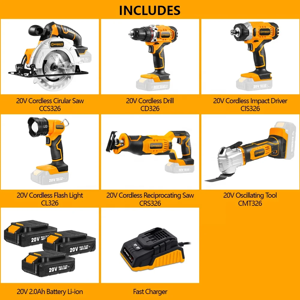 WORKSITE Customized Combo Kit 20V Cordless Drill Circular Saw Reciprocating  Saw Flash Light Power Tools Set - AliExpress