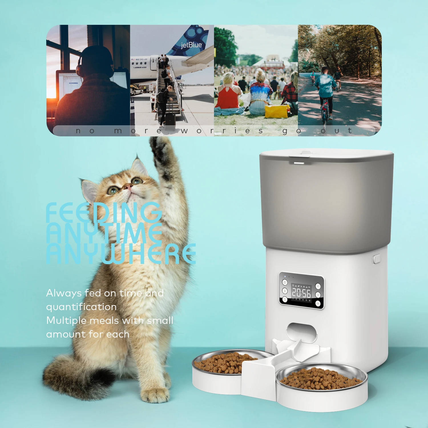 6l Automatic Pet Feeder With Twoway Splitter Dispenser Timeding Cats