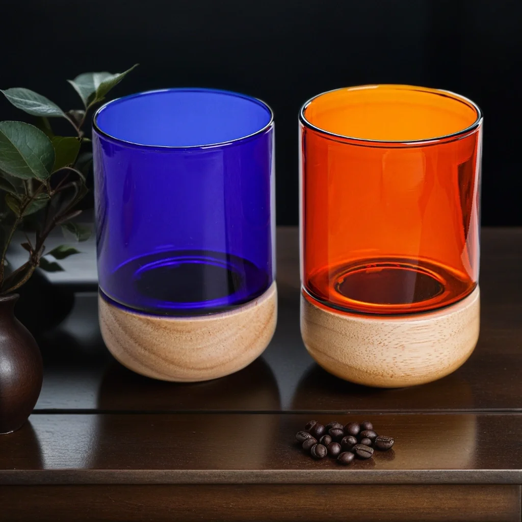 280ml High Borosilicate Single Wall Colored Glass Coffee Cup Wood Base Wholesale Creative Amber