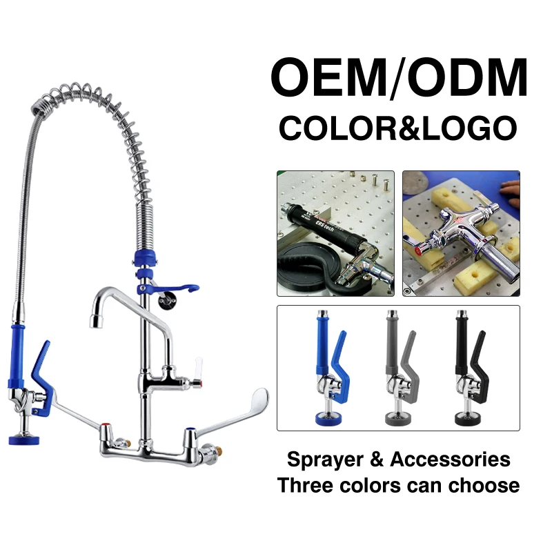 product industrial design wall mounted commercial kitchen faucet chrome finish dual handle pull down spray 2 holes hotel use brass-9