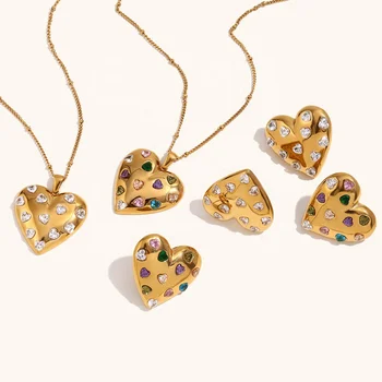 Dingran Mother's Day Gift Zircon Stainless Steel Heart Pendant Necklace PVD Gold Plated Heart Stud Earring