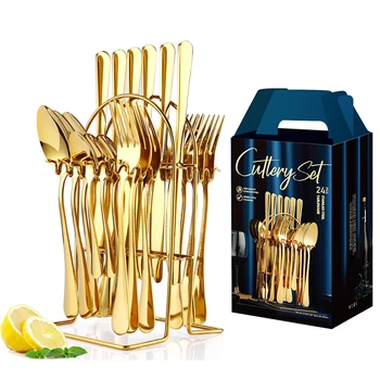 Amazon Best Selling Stainless Steel Knife Fork Spoon set 24pcs Gold Flatware Luxury Cutlery Set With Stand
