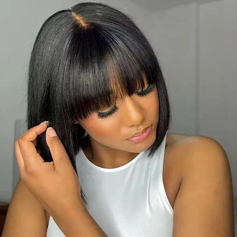 Brazilian Straight Bob Lace Wigs 100% Human Hair Bangs Fringe Middle Part Realistic Scalp_voghion.com