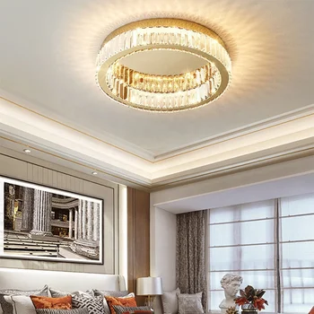 Modern Simple LED Ceiling Light Stainless Steel & Crystal for Living Dining Bedroom Acrylic Cover Golden Atmospheric Aisle Light