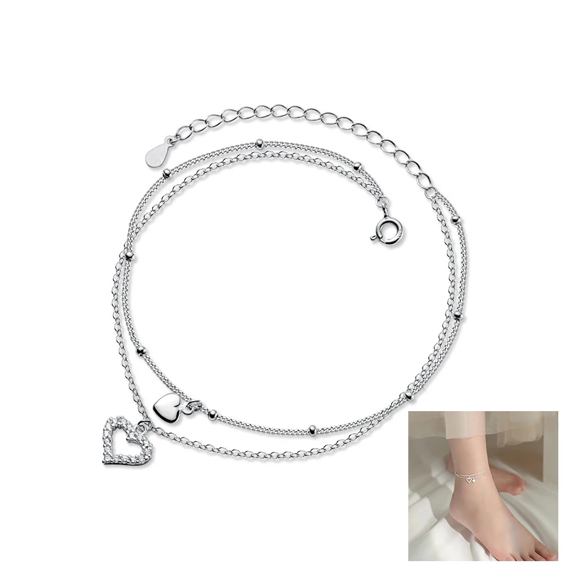 WMS4571 Layered 925 Sterling Silver Double Heart Anklet for Girls Women Birthday Gifts Summer Beach Ankle  Dainty Jewellery