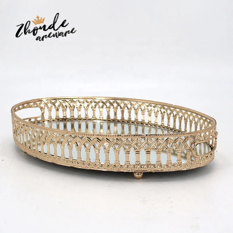 Wholesale Coffee Serving Glass Mirror Tray For Perfumes Tea Gold Metal Tray