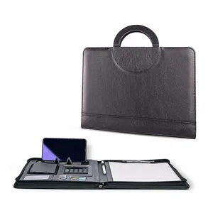 File Folder Customized Document Holder Zippered A4 Multi-function Manager Folder PU Leather Portfolio Folder with Notepad