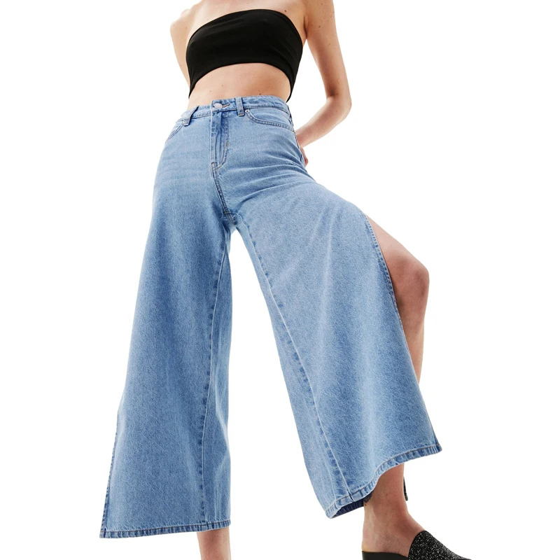 Jeans A Vita Alta A Gamba Larga Alla Moda Donna Pantaloni Larghi In Denim  Con Spacco Laterale Aperto Alla Caviglia - Buy Pantaloni Jeans Da Donna,Jeans  Larghi,Pantaloni Larghi Da Donna Product on