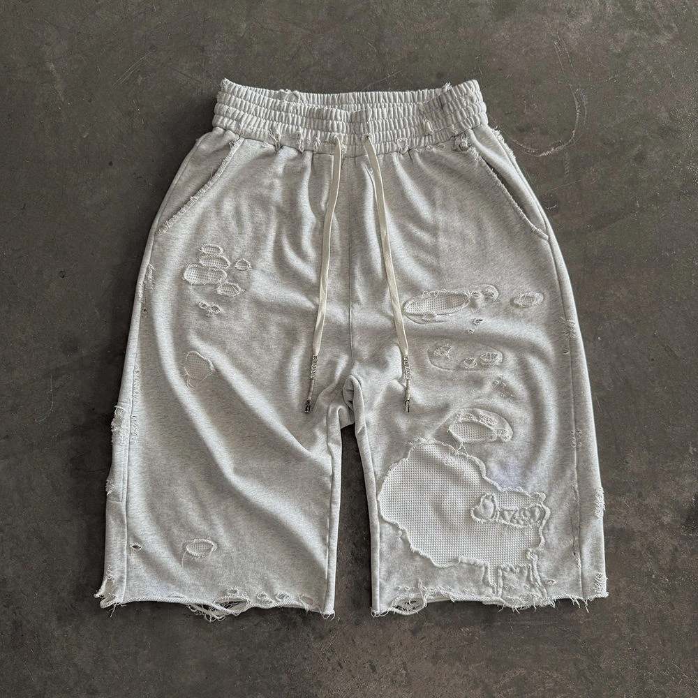 Summer Custom Men's Oversized Knee Length Raw Hem Ripped Distressed Baggy Jogger Sweat Shorts Man gallery 2