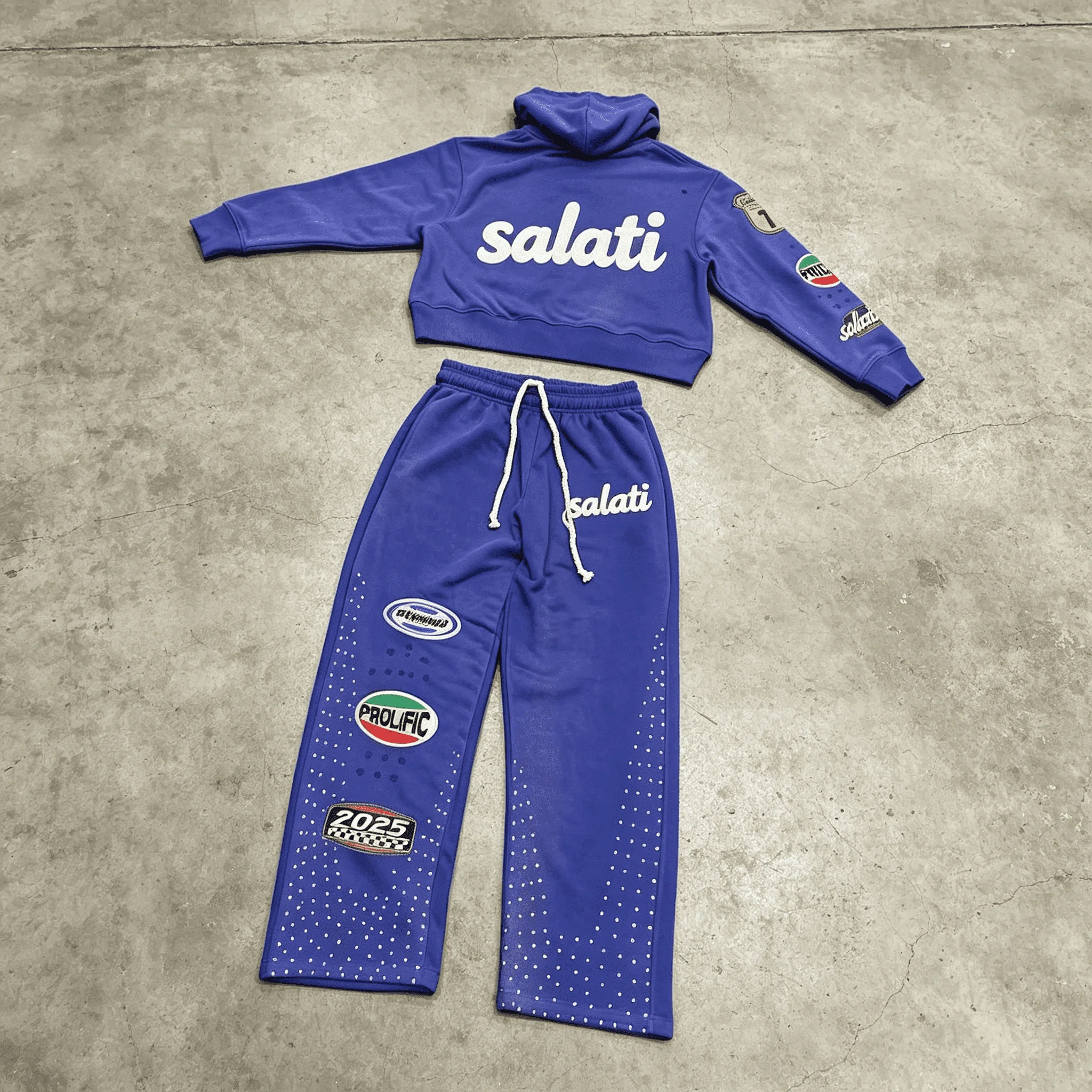 Bulk Blue Distressed Wash Hooded Sweatshirt Badge Patch Rhinestone Loose Fit Wide Leg Pants Casual Men Tracksuit Set gallery 2