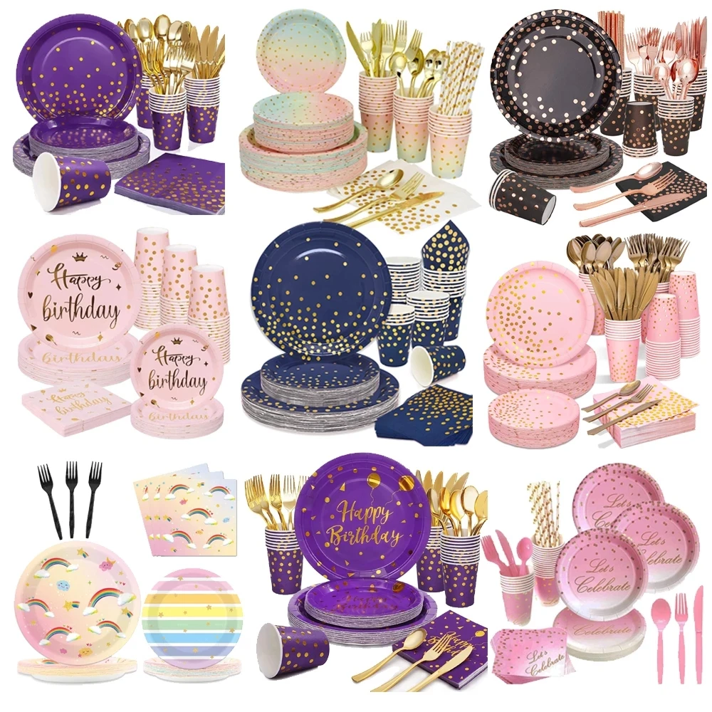 2023 Disposable Plain Dot Paper Plate Party Tableware Set Birthday Decoration Wedding Tableware Set Elegant Napkin Party Decor