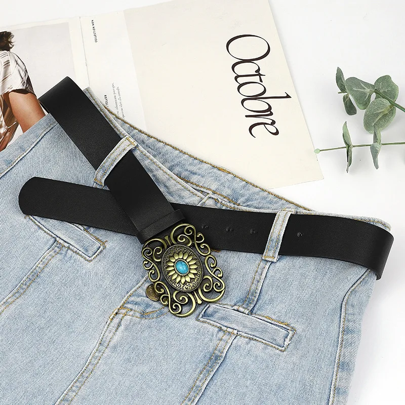 CPC оптовая продажа Западный винтажный черный ажурный узор в горошек Синий Бирюзовый пояс с пряжкой мягкий из искусственной