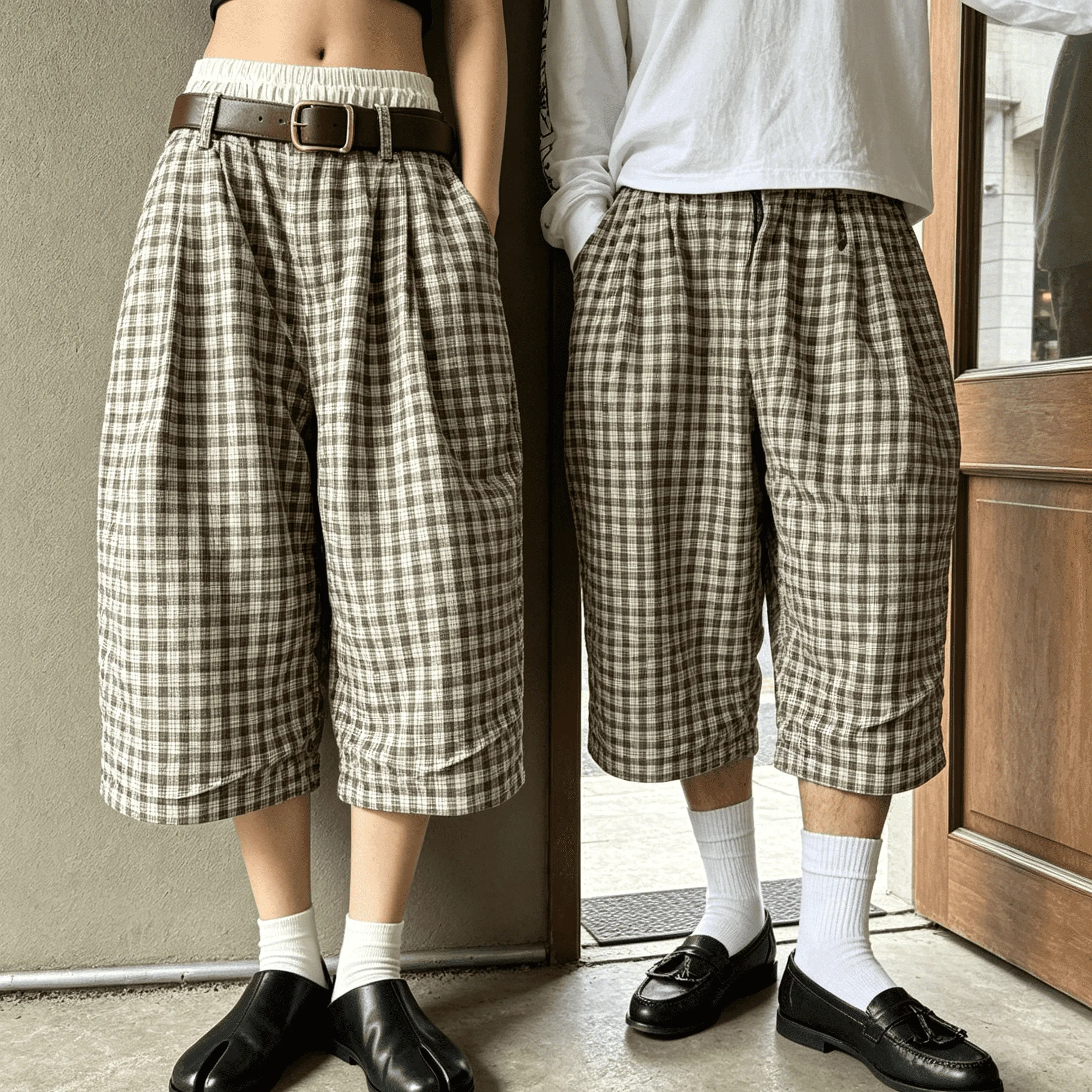 Custom Logo Mens Vintage Y2K Breathable Lined Elastic Drawstring Wide Leg Summer Streetwear Check Bermuda Shorts