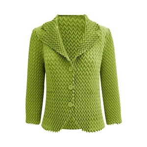 Miyake Pleated Autumn Coat Chic Women Design with Elegant 3D Pleats Blazer Collar and Casual Cardigan Jacket Style