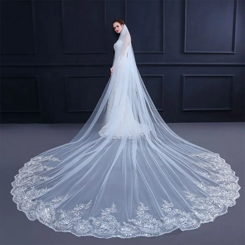 1pc Women Flower Embroidery Elegant Bridal Trailing Veil For