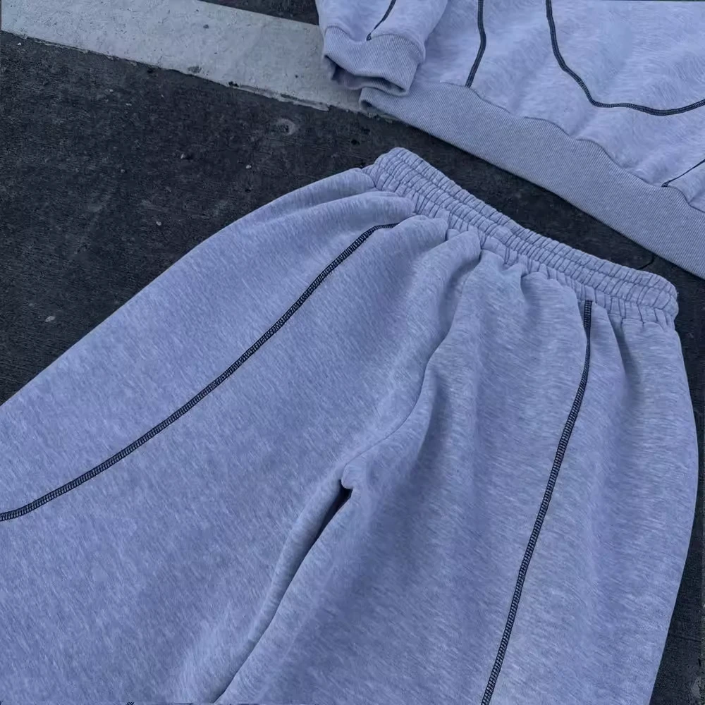 Custom Boxy Fit Gray Flared Stacked Baggy Oversized French Terry Cotton Sweatsuit Printed Sweatpants and Hoodie Set for Men gallery 5