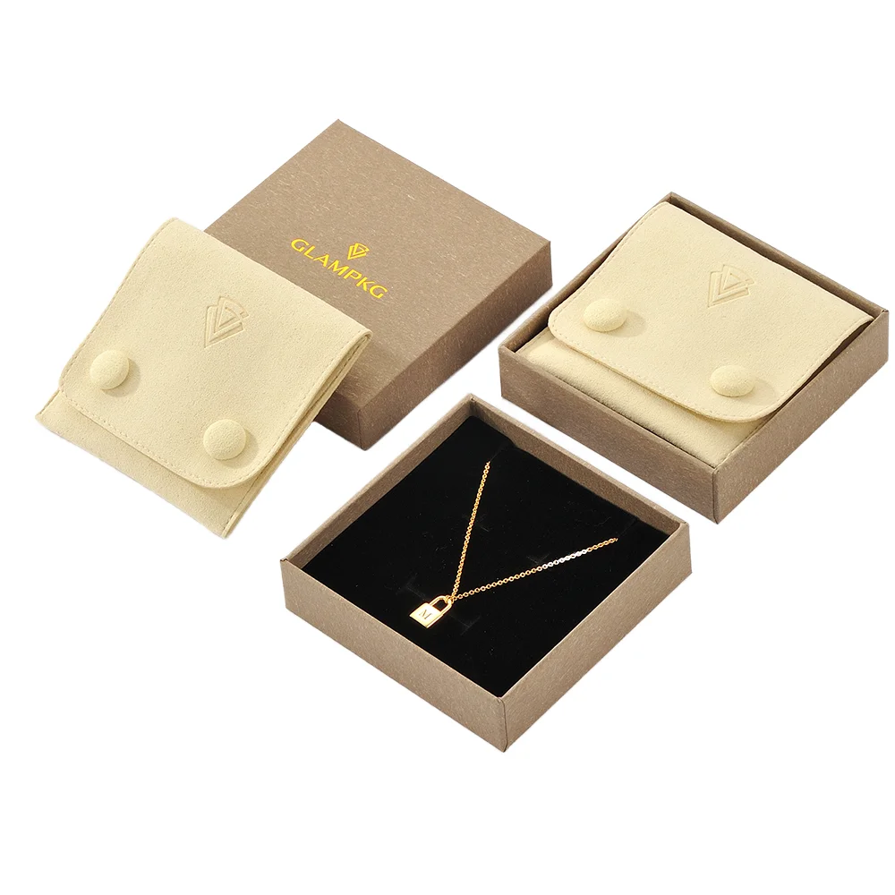 Jewelry Packaging Custom Kraft Paper Gift Box Square Engraved Microfiber Jewelry Pouch Velvet Insert Necklace Ring Jewelry