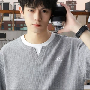 OEM & ODM Men's T-shirt Collection Red Waffles Light Luxury   Two-Piece V-Neck 100% Cotton Knitted