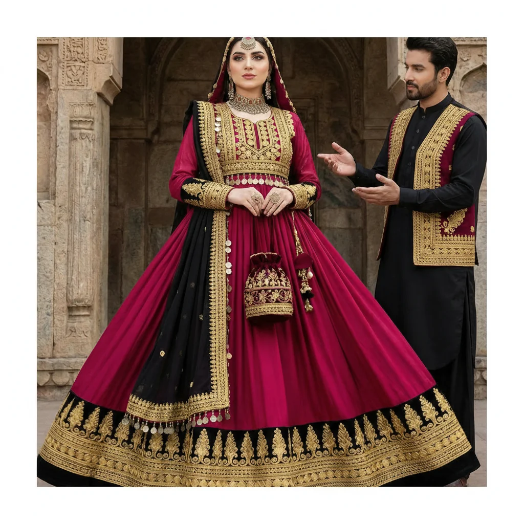 Ultra Long Traditional Afghan White Chiffon Kuchi Dress Featuring Black Velvet Bodice Intricate Gold Zari Hand Embroidery Casual
