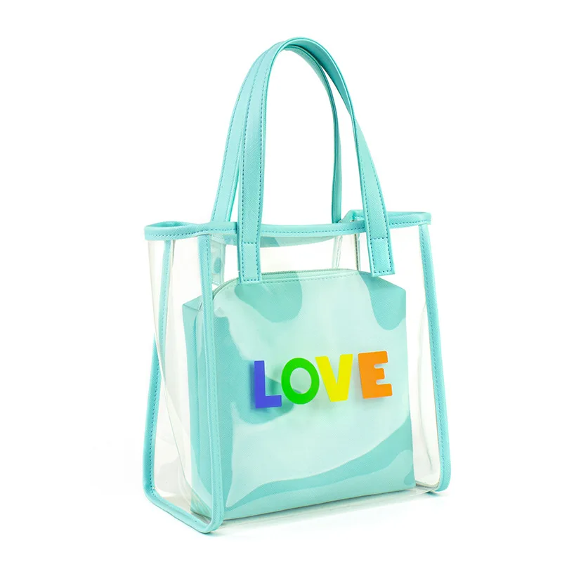 Custom Logo Bolsa De Compras Clear Pvc Swimming Beach Bags Large Travel  Shopping Tote Soft Canvas Handle Women Transparent Bag