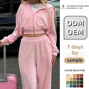 ODM Wholesale 2 Pieces Women's Daily Wear Tracksuit Custom logo Cozy Full Length Sweatpants and Crop Top Full Zip up Hoodie Set