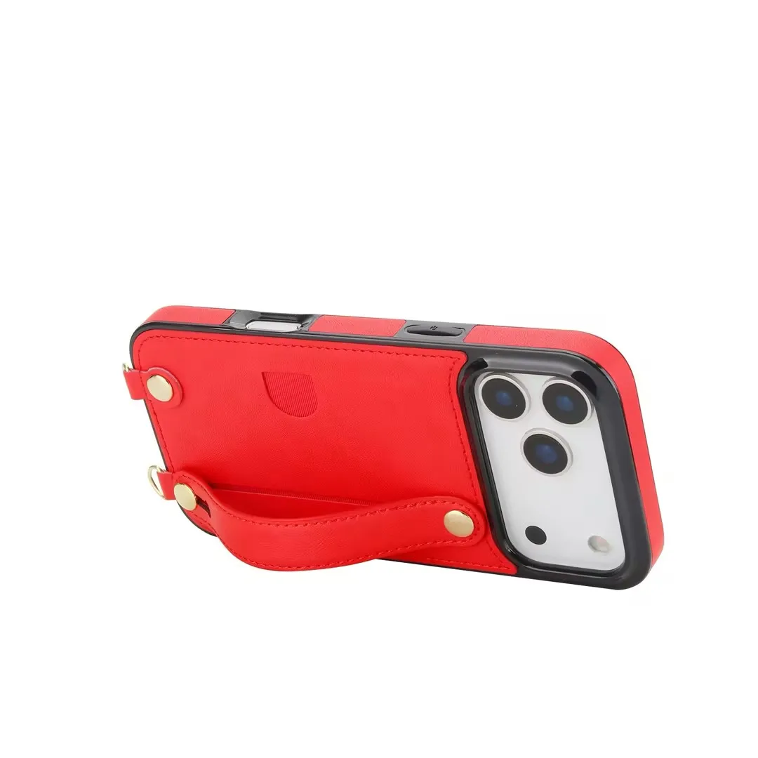 Étui portefeuille de luxe en cuir PU avec cordon et dragonne pour iPhone 17 Pro Max et porte-cartes magnétique_voghion.com