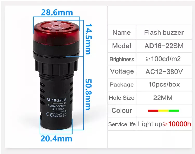 CE RoHS Red Green Yellow Colors Buzzer 22mm With Flashing LED AC110V 120V 127V AD16-22SM