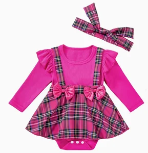 KGCD-001 Long Sleeve Romper Plaid Suspender Skirt Set Spring Autumn Baby Girls' Clothing Christmas Outfit with 3pcs Accessories