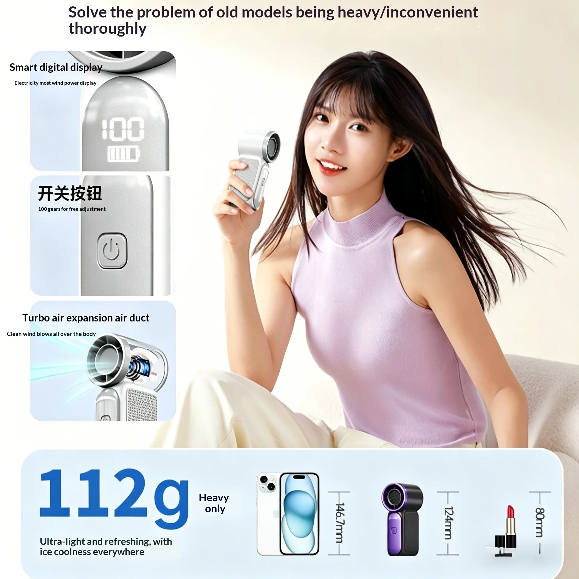 High-Speed Handheld Outdoor Portable USB Rechargeable Digital Display Brushless Motor 300-500mAh Fan Mini Fan