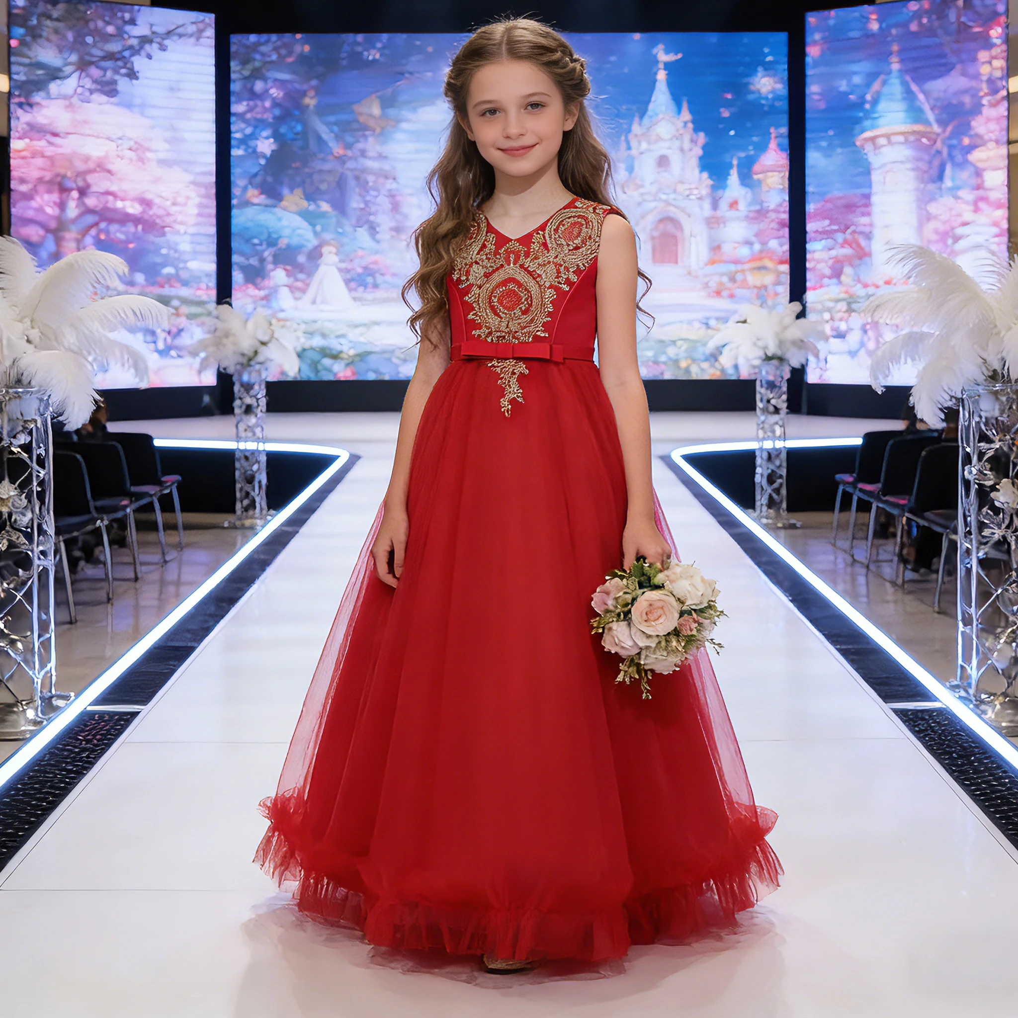 Fashion Long Princess Dress for Girls - Red Floral Evening Dress for Wedding & Parties, Sizes 100-160, Soft & Eco-Friendly Fashion Long Princess Dress for Girls - Red Floral Evening Dress for Wedding & Parties, Sizes 100-160, Soft & Eco-Friendly