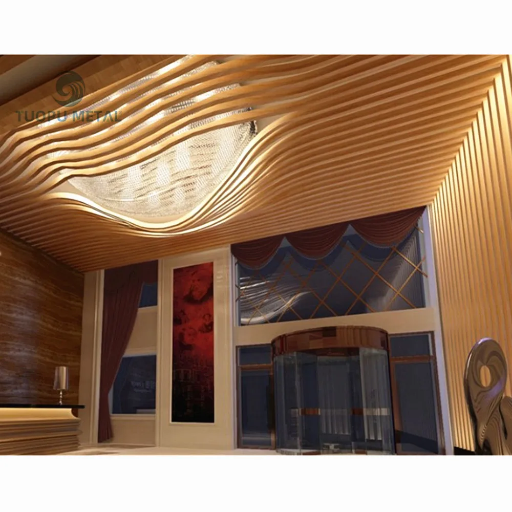 Wood Grain Color Ceiling Facade Decorative Panels 3d Curved Wave Aluminum Baffle Ceiling Panel